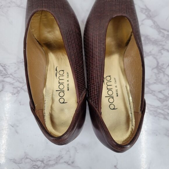 Paloma Vintage Italian Woven Leather Low Kitten Heel Pumps Brown - Picture 14 of 16